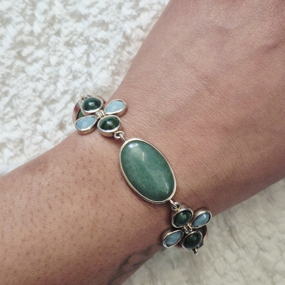 Sterling Silver Floral Jade & Larimar Stone Bracelet - Picture 4 of 10